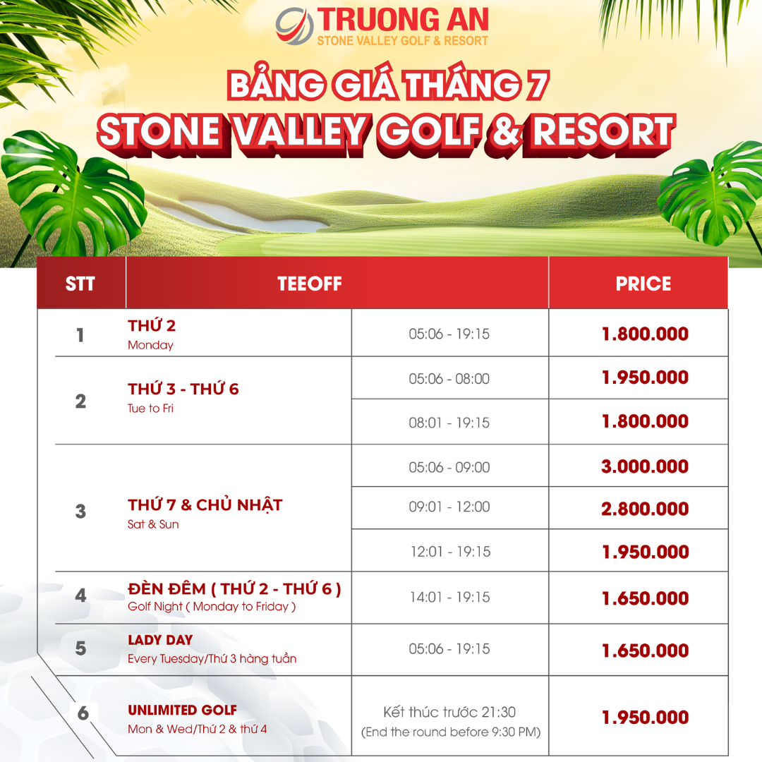 Cập nhật bảng giá golf tháng 7/2025 – Trải nghiệm đẳng cấp tại Stone Valley
